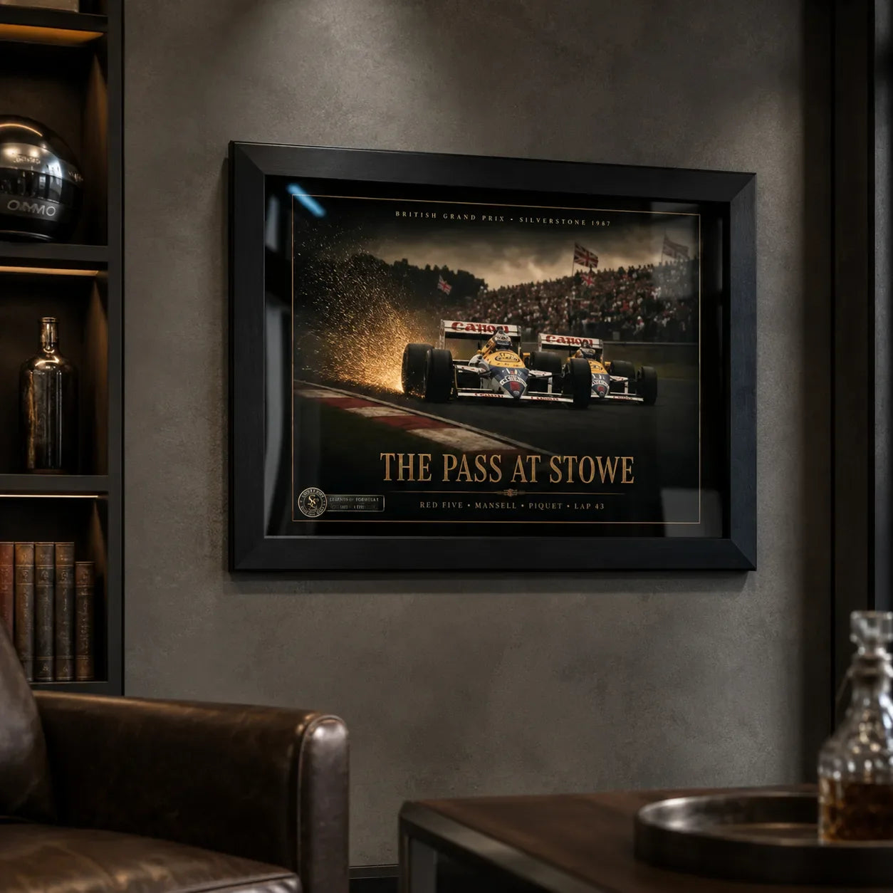 Nigel Mansell Red Five motorsport wall art displayed in a dark man cave lounge.