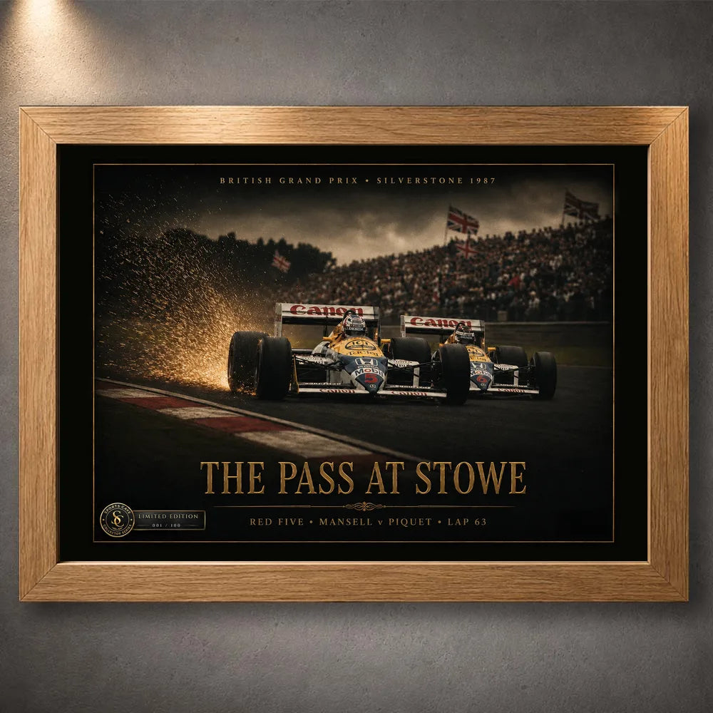 Oak framed Nigel Mansell Red Five motorsport wall art, limited edition racing print.