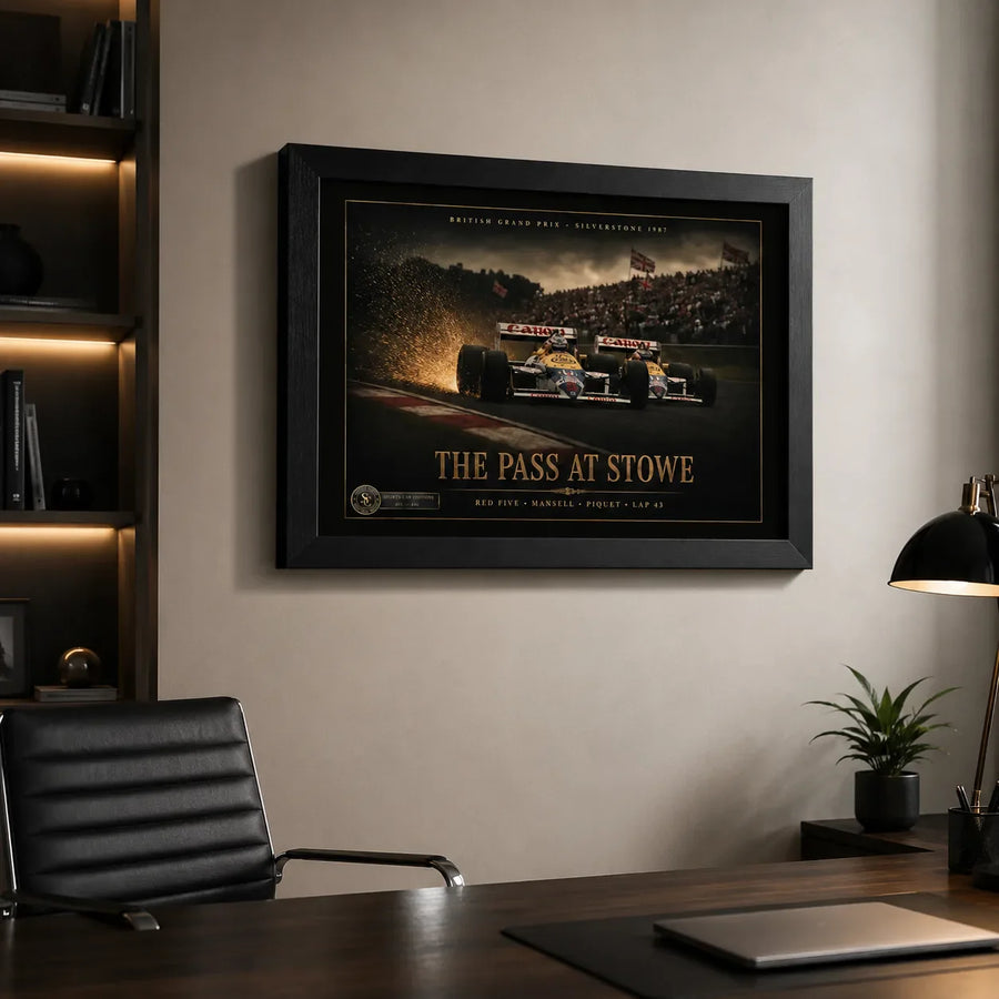 Nigel Mansell Red Five framed motorsport wall art in a premium office setting.