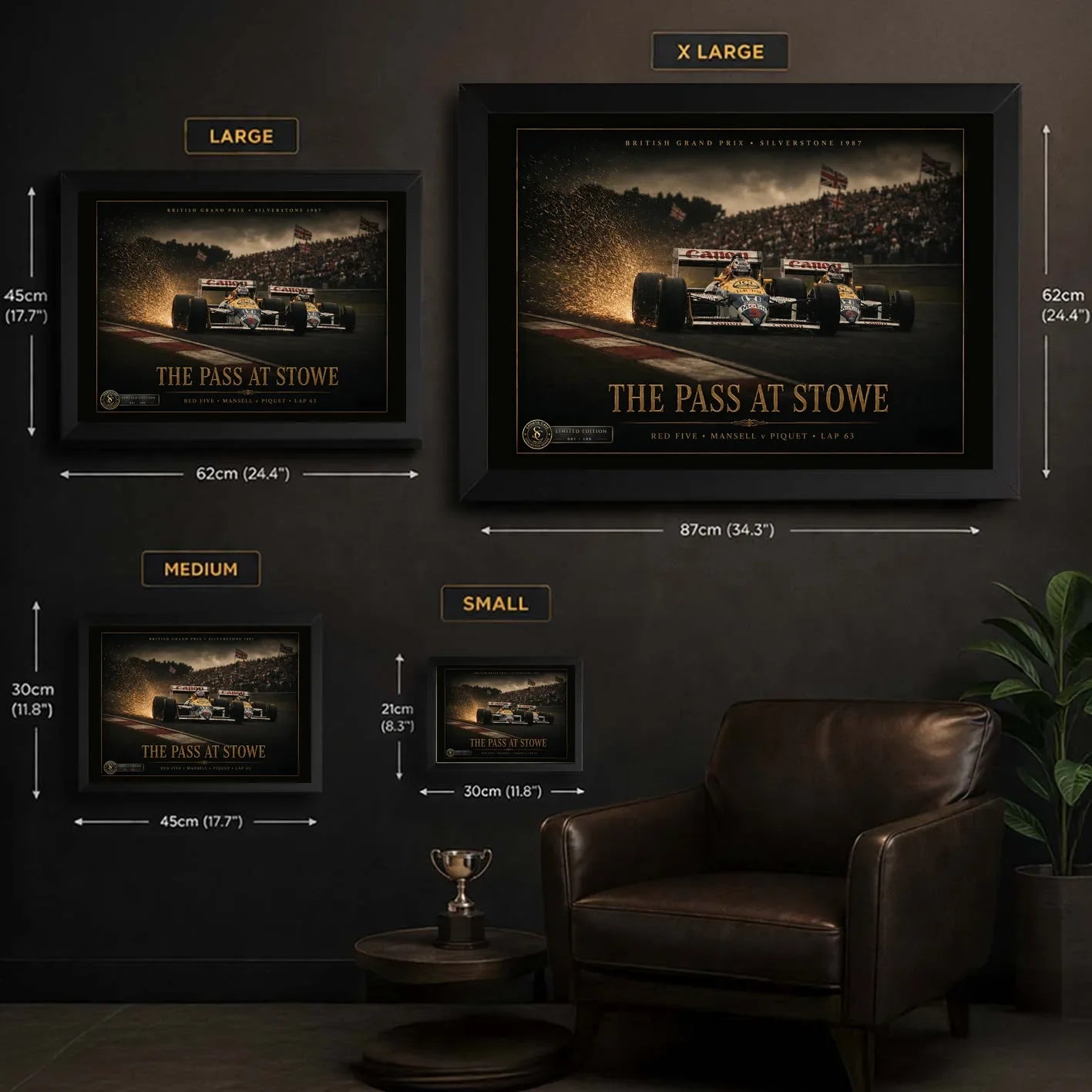 Size guide for Nigel Mansell Red Five framed motorsport wall art in Sports Cave sizes.