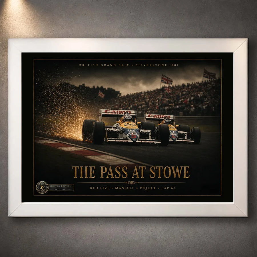 White framed Nigel Mansell Red Five motorsport wall art, limited edition racing print.