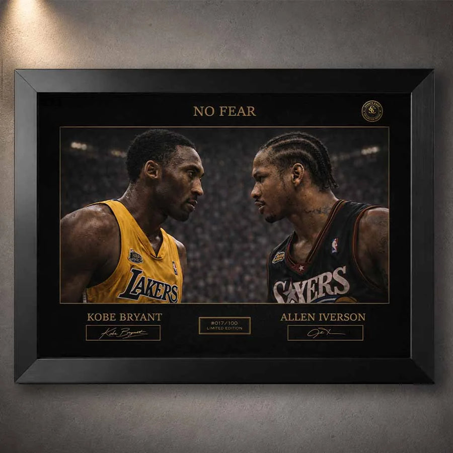Black framed NBA wall art showing Kobe Bryant facing Allen Iverson in the No Fear design, premium sports collectibles for serious fans.