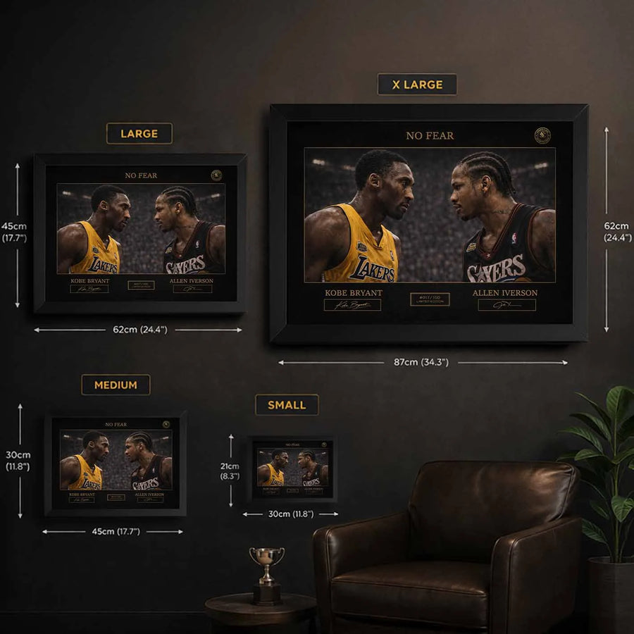 Size guide showing available dimensions for the No Fear Kobe Bryant vs Allen Iverson framed sports art across all options.