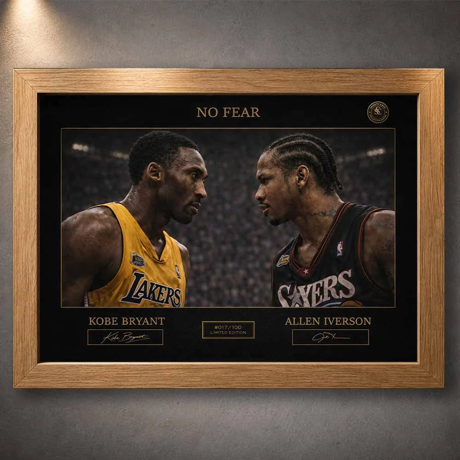 Oak framed sports wall art featuring Kobe Bryant vs Allen Iverson, No Fear rivalry artwork with warm wood frame for elevated interiors.
