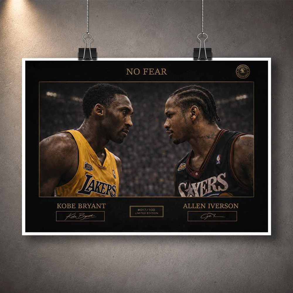 Unframed NBA wall art print of Kobe Bryant vs Allen Iverson, No Fear rivalry artwork ready for custom framing or display.