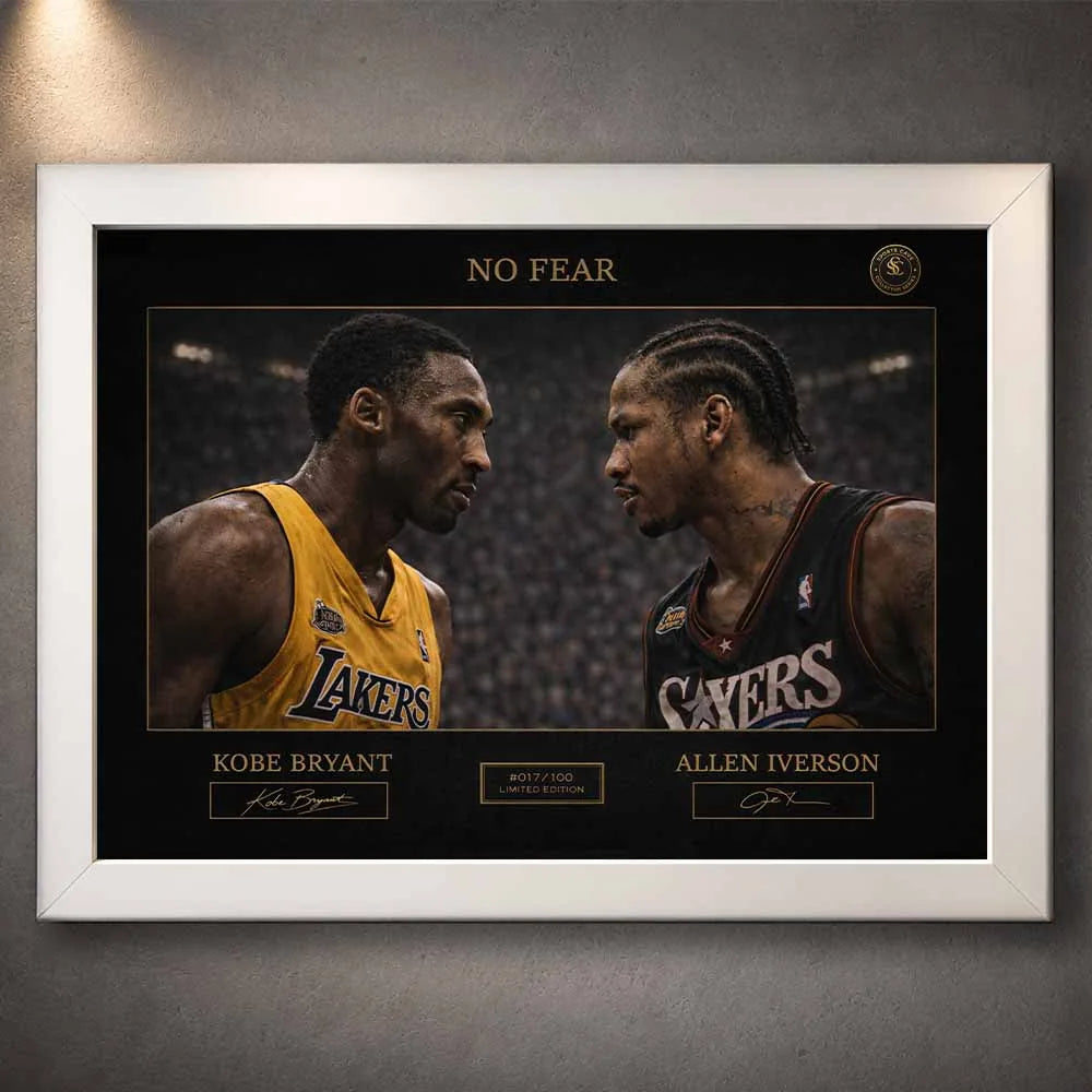 White framed sports art print of Kobe Bryant and Allen Iverson in the No Fear matchup, clean modern framing for contemporary spaces.