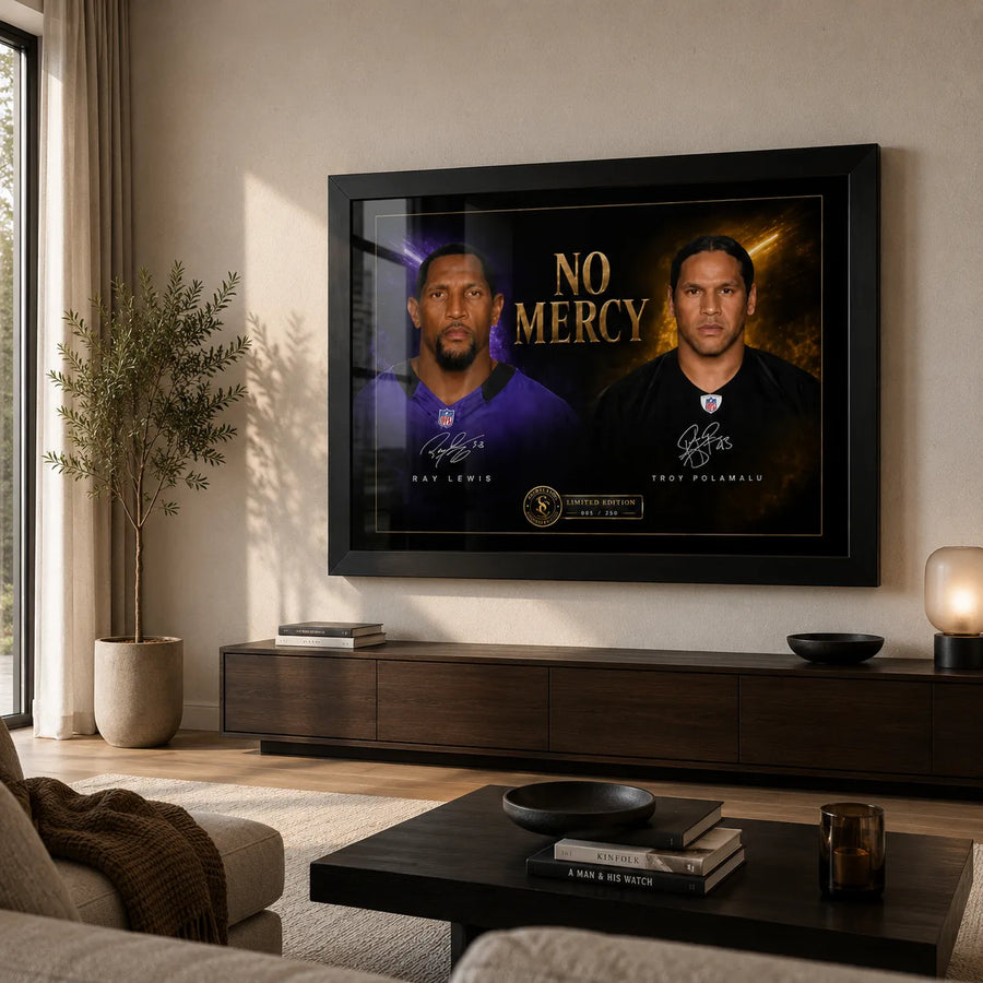 No Mercy Ray Lewis vs Troy Polamalu wall art displayed in a warm neutral living room with a black frame.