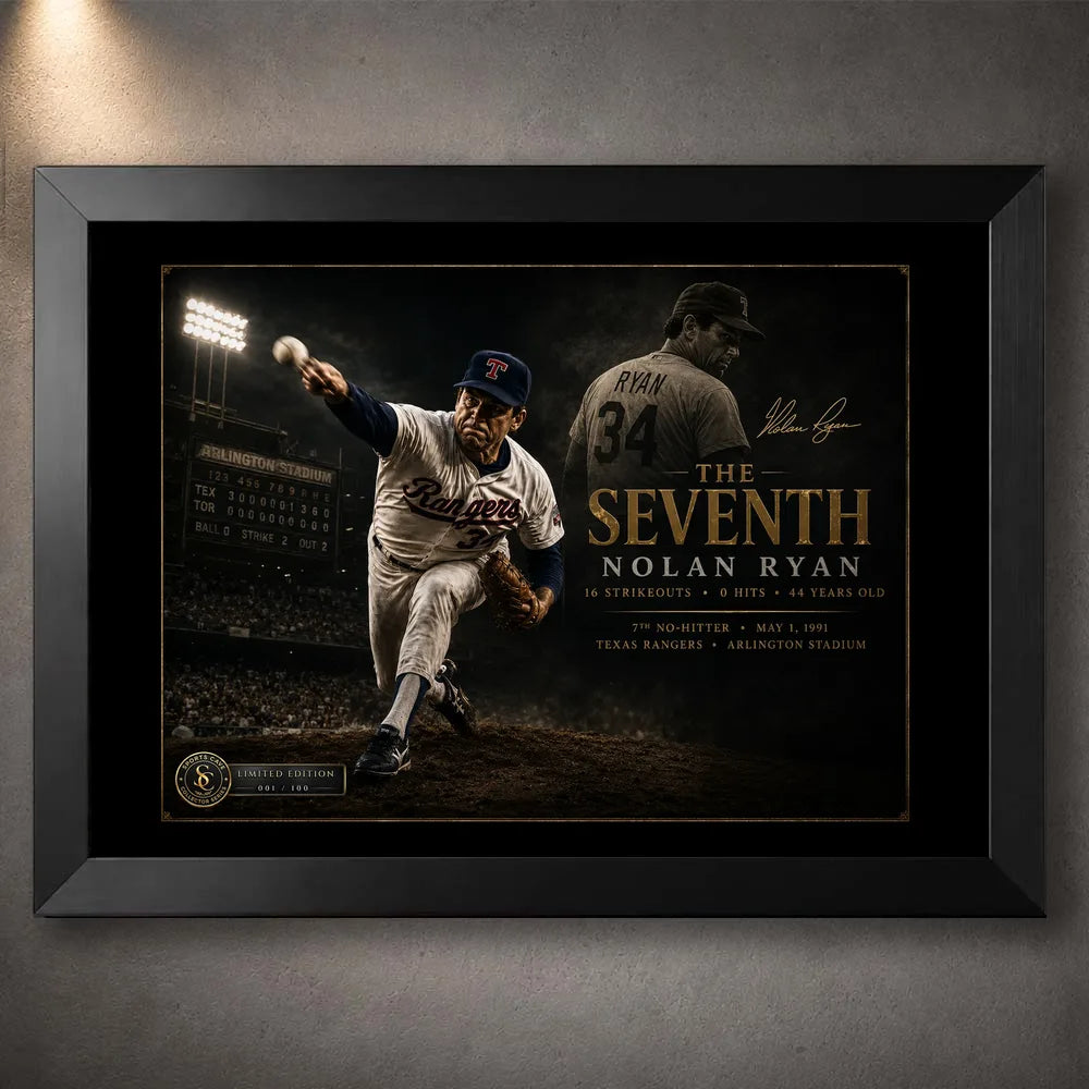 Nolan Ryan The Seventh baseball wall art in a black frame, honoring his record seventh no-hitter with Texas.