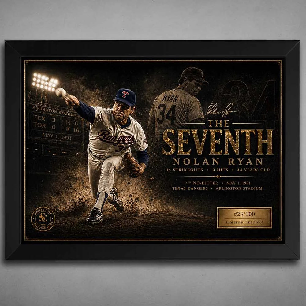 Nolan Ryan The Seventh artwork in a matte black frame, Texas Rangers sports wall art honoring his 7th no-hitter.