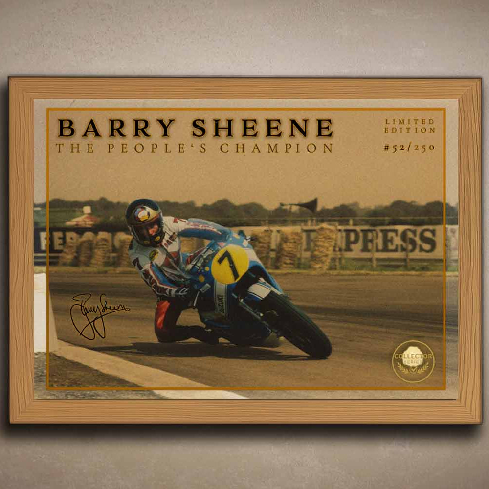 Barry Sheene limited edition sports wall art in oak frame—vintage racing print made for premium man cave décor and motorsport enthusiasts.