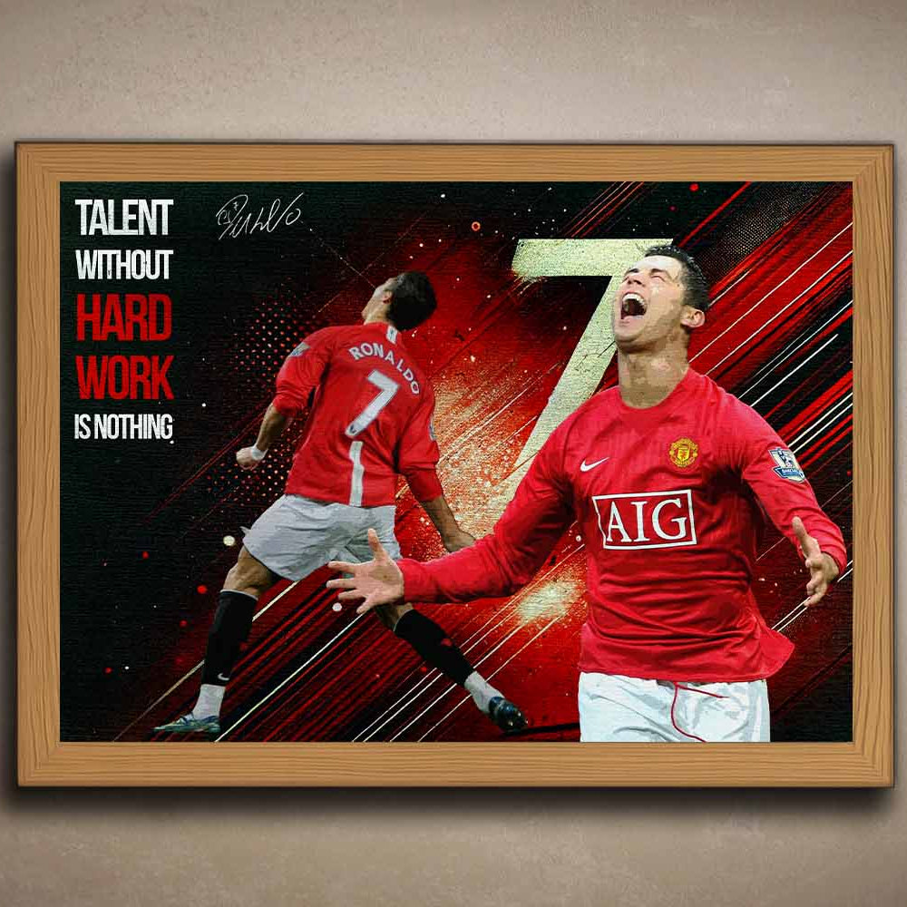 Cristiano Ronaldo oak-framed sports wall art with bold quote, perfect for timeless man cave wall décor or premium sports collectibles.