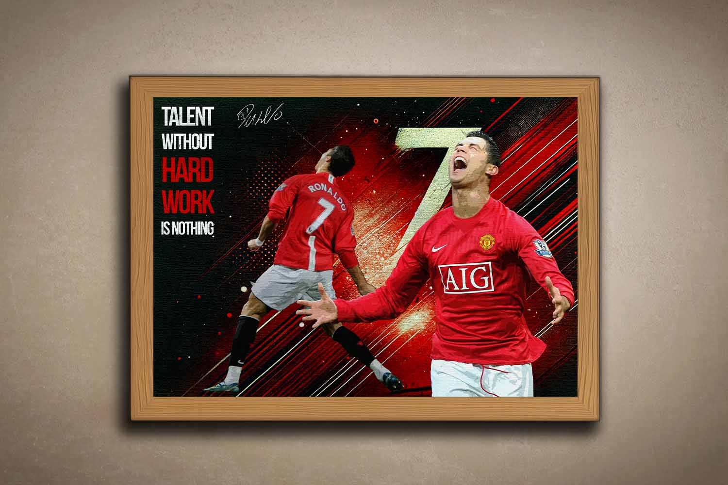 Cristiano Ronaldo oak-framed sports wall art with bold quote, perfect for timeless man cave wall décor or premium sports collectibles.