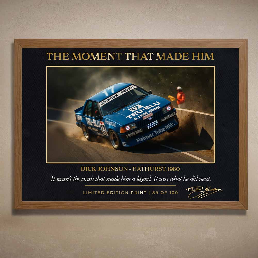 Oak-framed Dick Johnson Bathurst 1980 crash artwork — limited edition framed sports memorabilia capturing a legendary Australian motorsport moment, ideal for premium man cave wall décor.