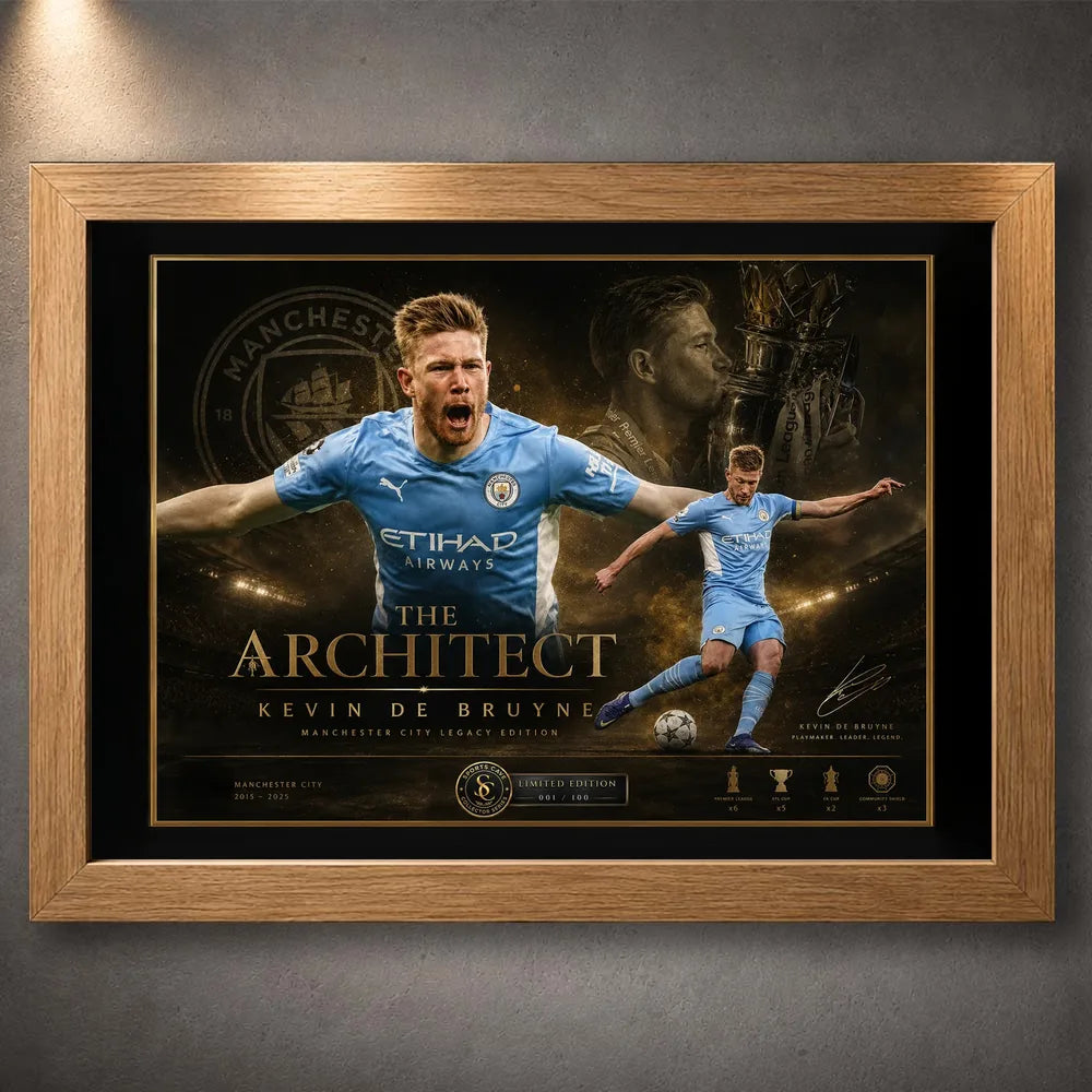 Kevin De Bruyne Manchester City soccer wall art in an oak frame with black mat border.