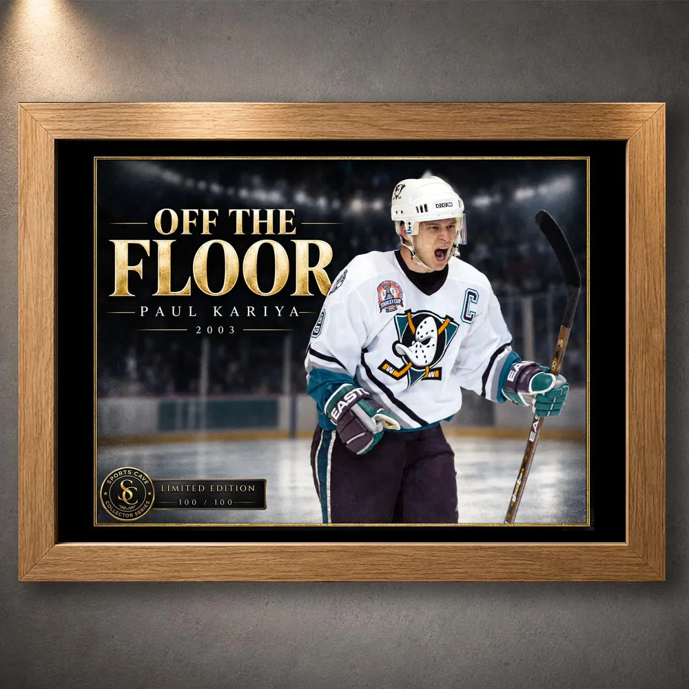 Oak framed Paul Kariya hockey wall art featuring the Off the Floor 2003 tribute for a sports room or collection.