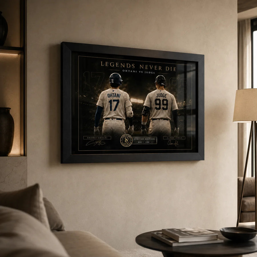 Ohtani vs Judge baseball wall art displayed in a warm living room, styled for a serious fan collection.