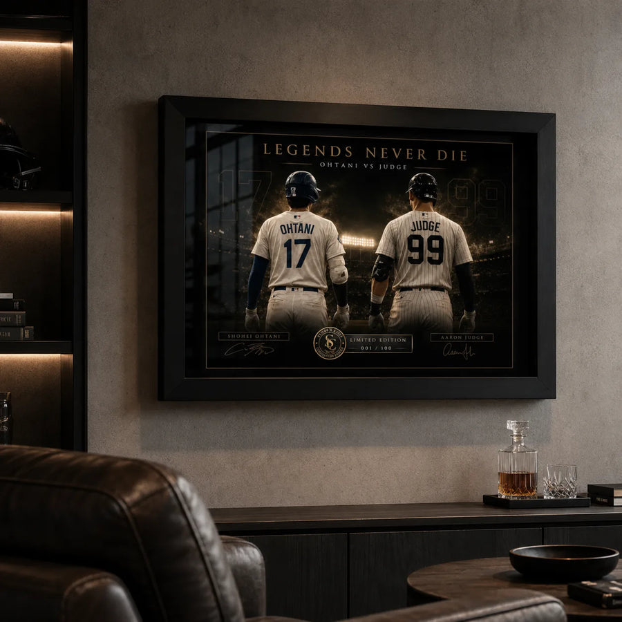 Framed Ohtani and Judge baseball artwork in a dark man cave setting, built for collector-style sports décor.