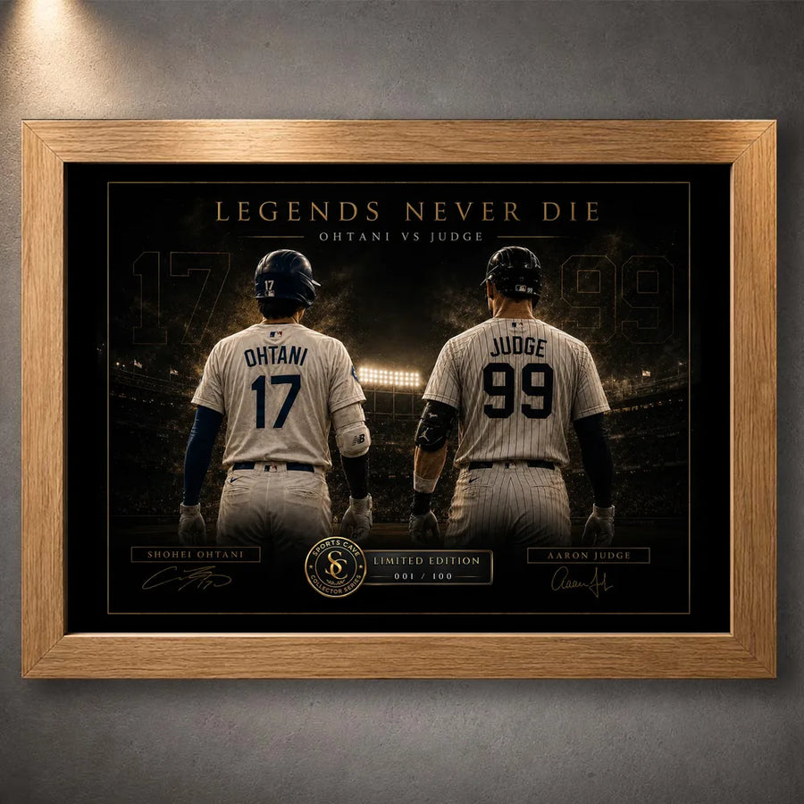 Oak framed Ohtani vs Judge baseball wall art with dark stadium artwork and premium collector styling.