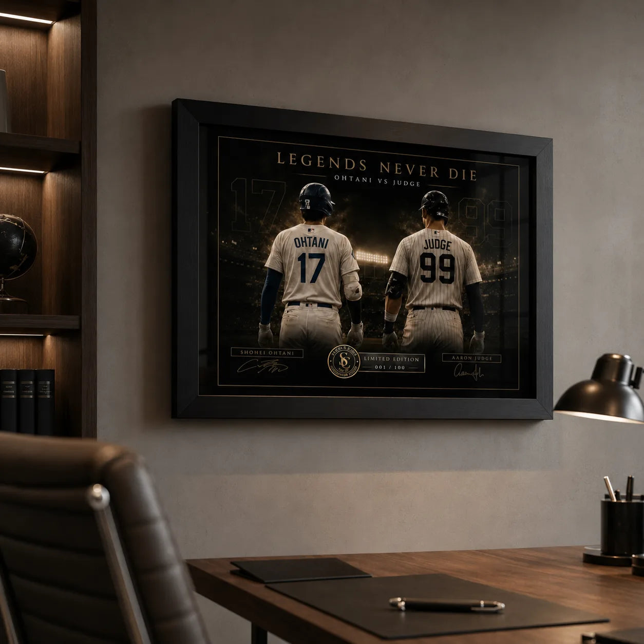 Ohtani vs Judge framed baseball wall art shown above an office desk for a polished collector display.