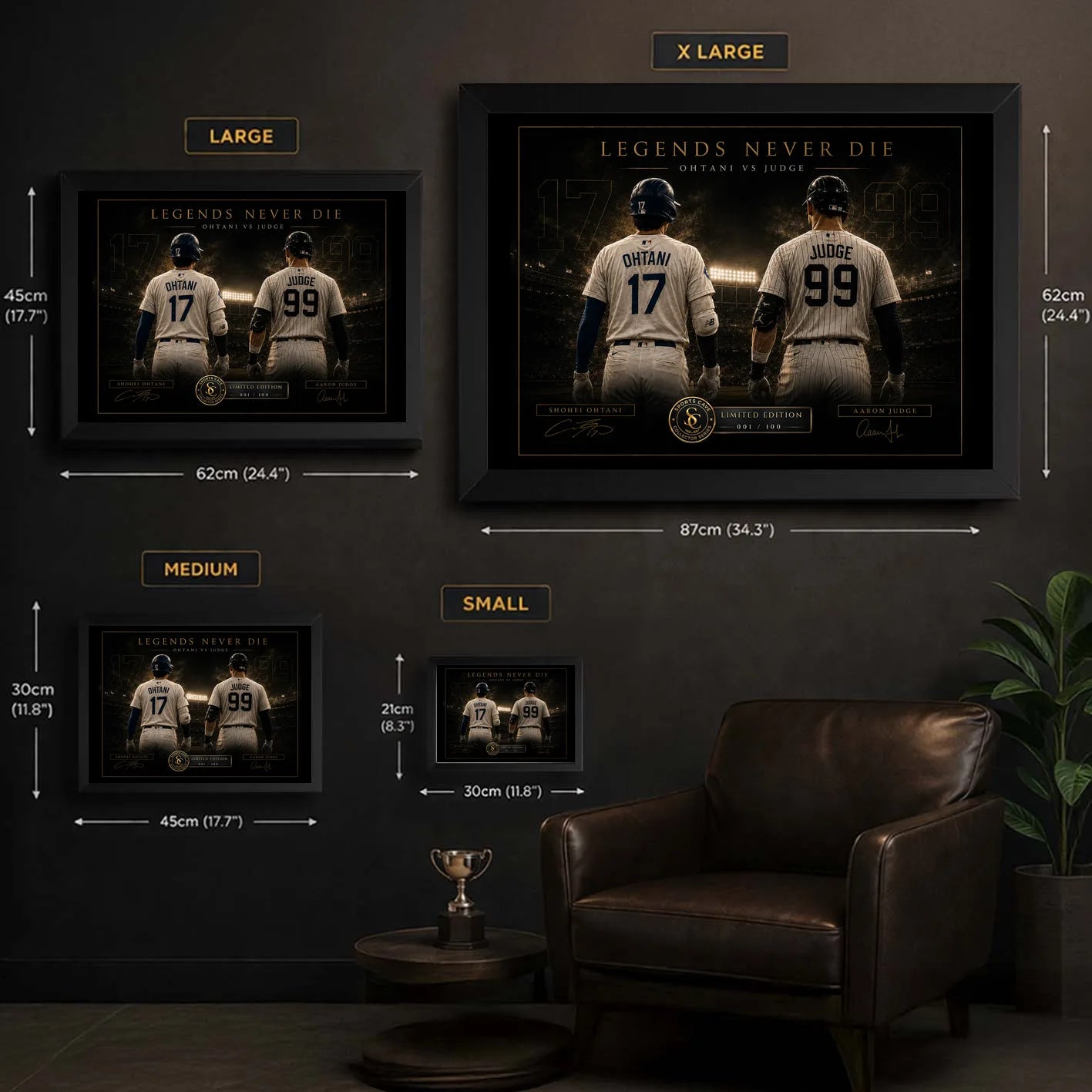 Ohtani vs Judge baseball wall art size guide showing Small, Medium, Large and XL framed dimensions.