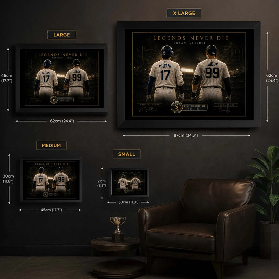 Ohtani vs Judge baseball wall art size guide showing Small, Medium, Large and XL framed dimensions.