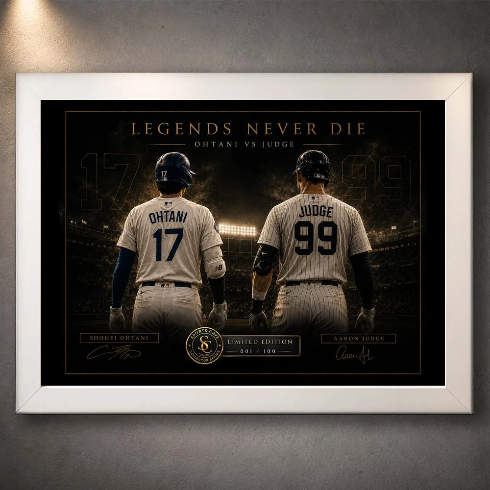 White framed Ohtani vs Judge baseball artwork for clean home, office or fan cave display.