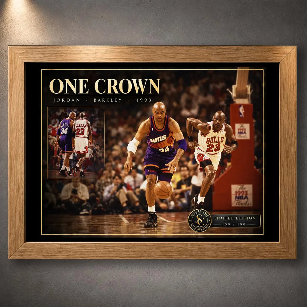Oak framed Jordan vs Barkley One Crown basketball wall art shown against a dark wall for collector display.