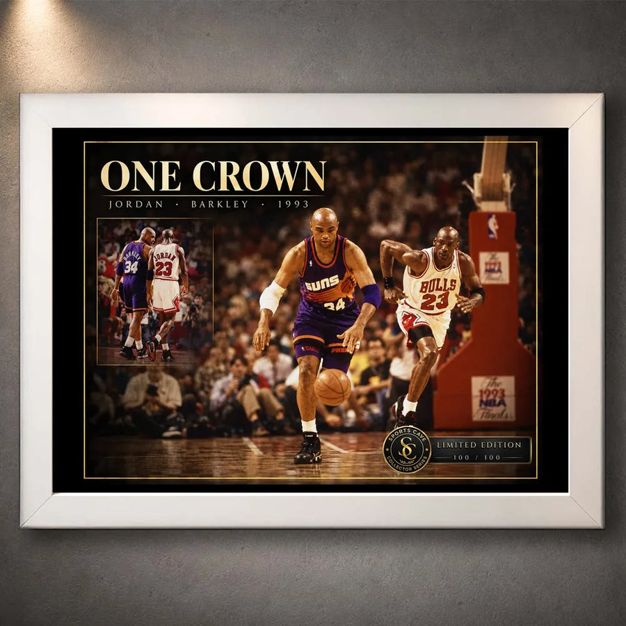 White framed Jordan vs Barkley One Crown basketball wall art shown against a dark wall for collector display.