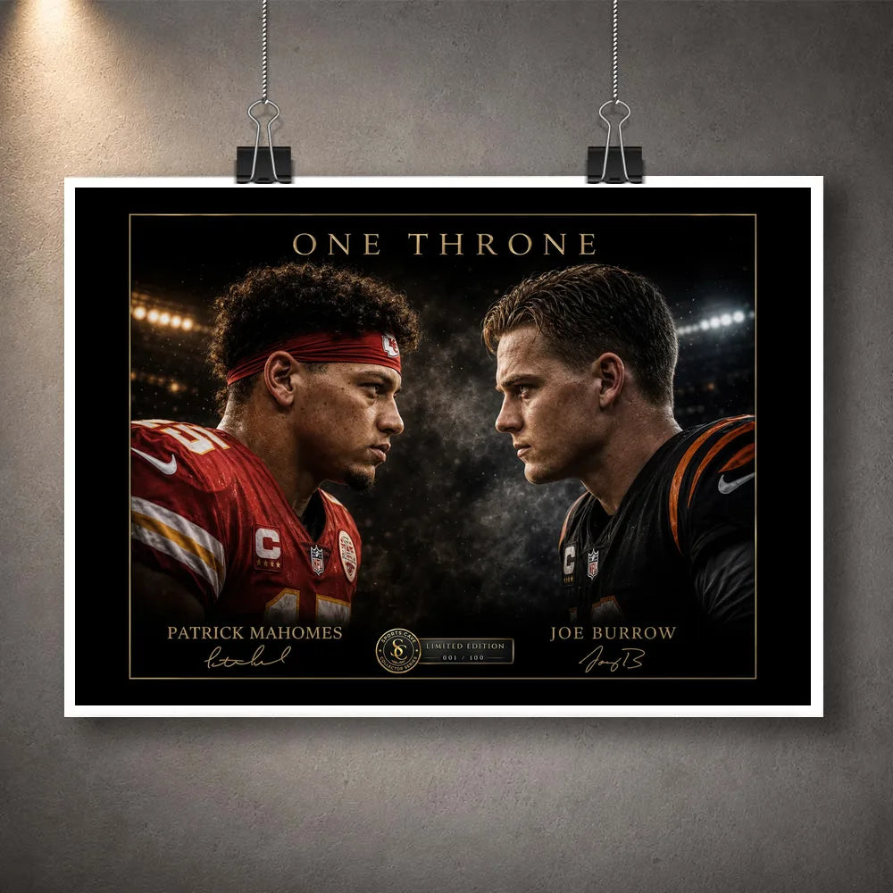 Unframed One Throne wall art featuring Patrick Mahomes and Joe Burrow in a dramatic NFL quarterback face-off.