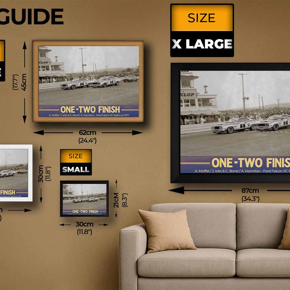 Bathurst 1977 One-Two Finish size guide featuring framed sports art in small, medium, large, and XL — perfect man cave wall décor.