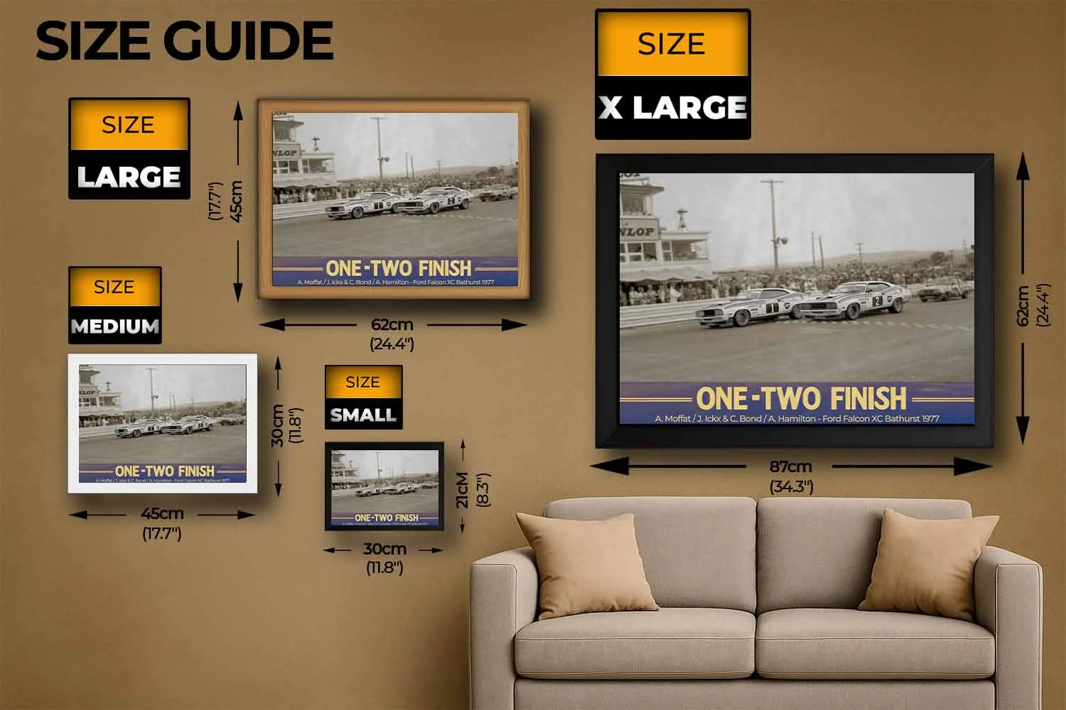 Bathurst 1977 One-Two Finish size guide featuring framed sports art in small, medium, large, and XL — perfect man cave wall décor.