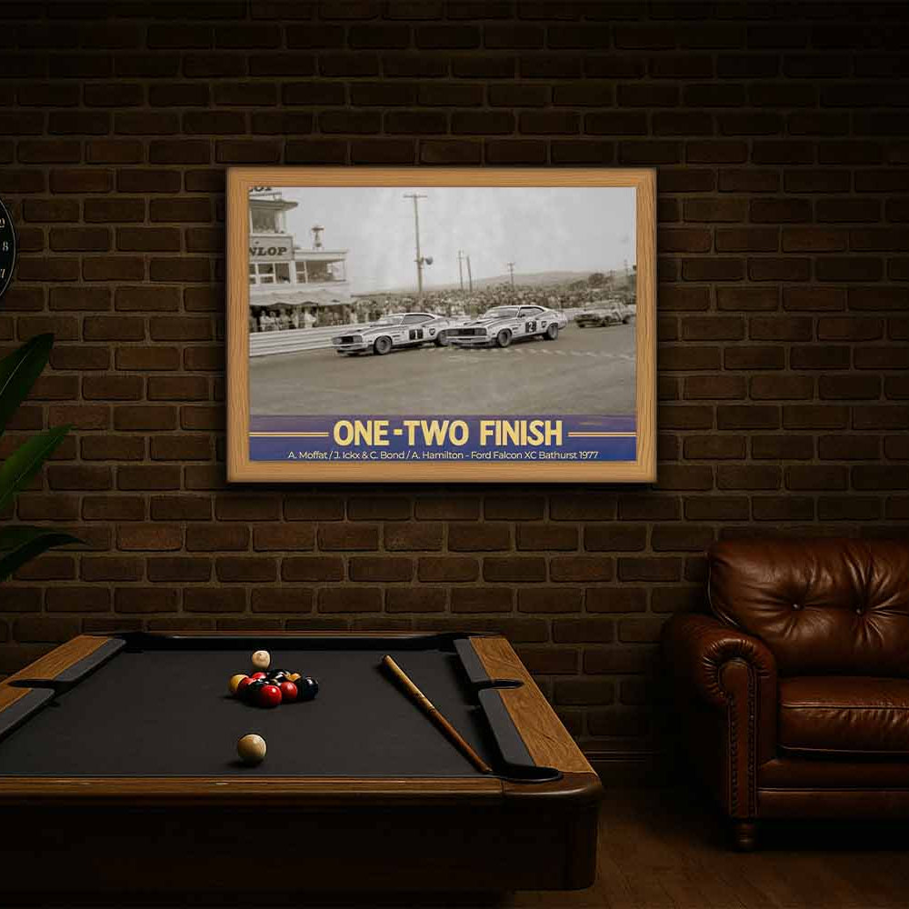 Oak-framed Bathurst 1977 One-Two Finish print featuring Moffat and Bond — classic framed sports memorabilia for man cave wall art lovers.