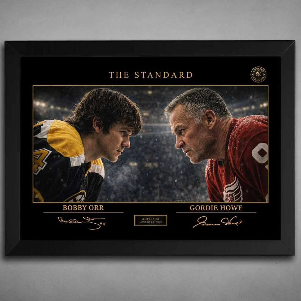 Bobby Orr vs Gordie Howe face-off in a black frame, a premium hockey rivalry framed sports art piece for collectors.