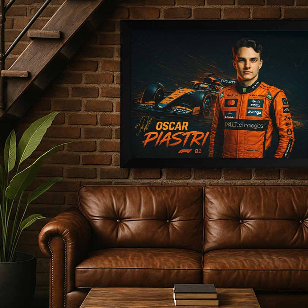 A bold framed sports art print featuring Oscar Piastri and his McLaren F1 car — perfect for collectors and premium man cave wall décor.
