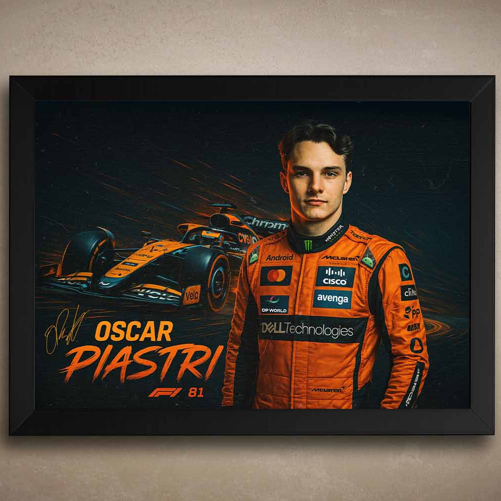 Framed Oscar Piastri McLaren F1 wall art featuring Piastri in race suit with car and signature, high-energy racing design.