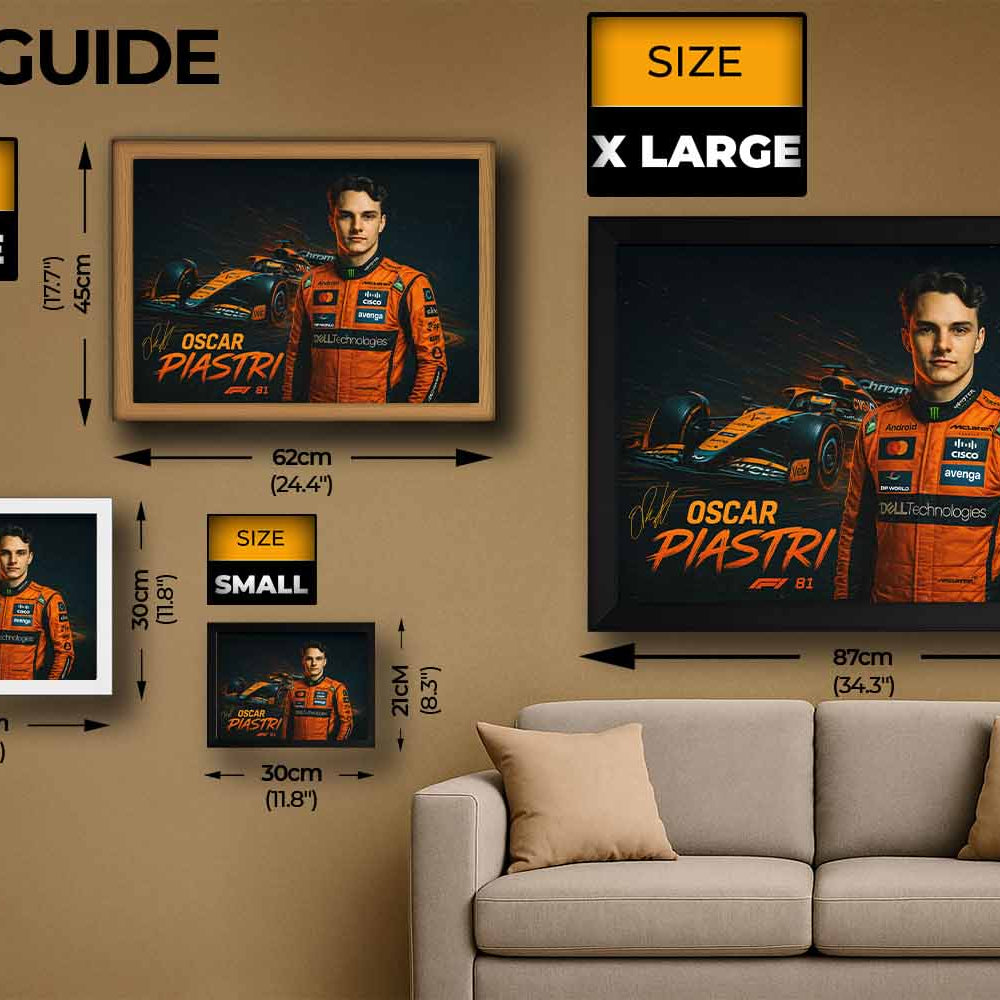 Oscar Piastri framed sports art size guide showing all print options from small to extra large, ideal for premium man cave wall décor.