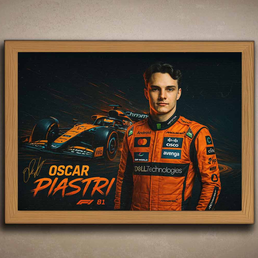 Oscar Piastri framed sports art print featuring his McLaren F1 car in motion — a premium piece of man cave wall décor for racing fans.