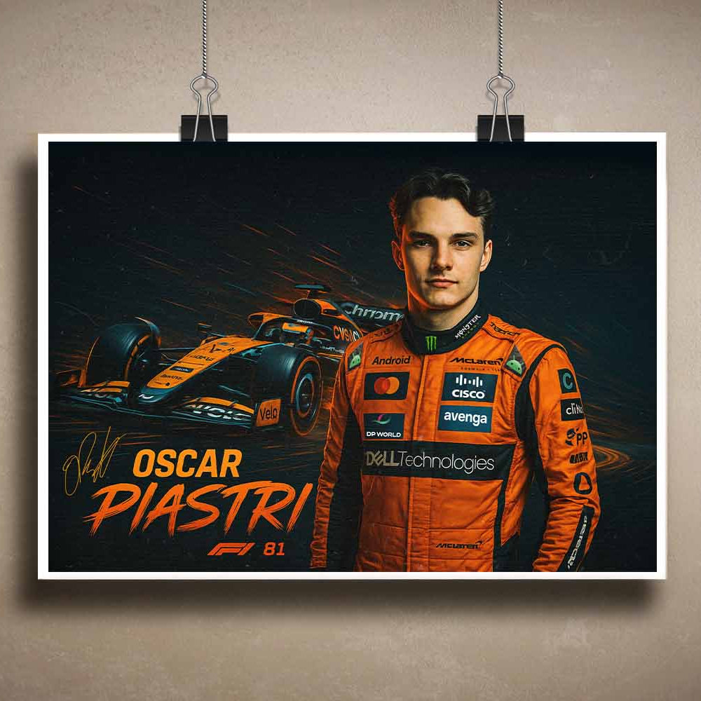 Unframed Oscar Piastri sports wall art featuring McLaren F1 racer in signature orange suit — perfect for bold, modern man cave wall décor.