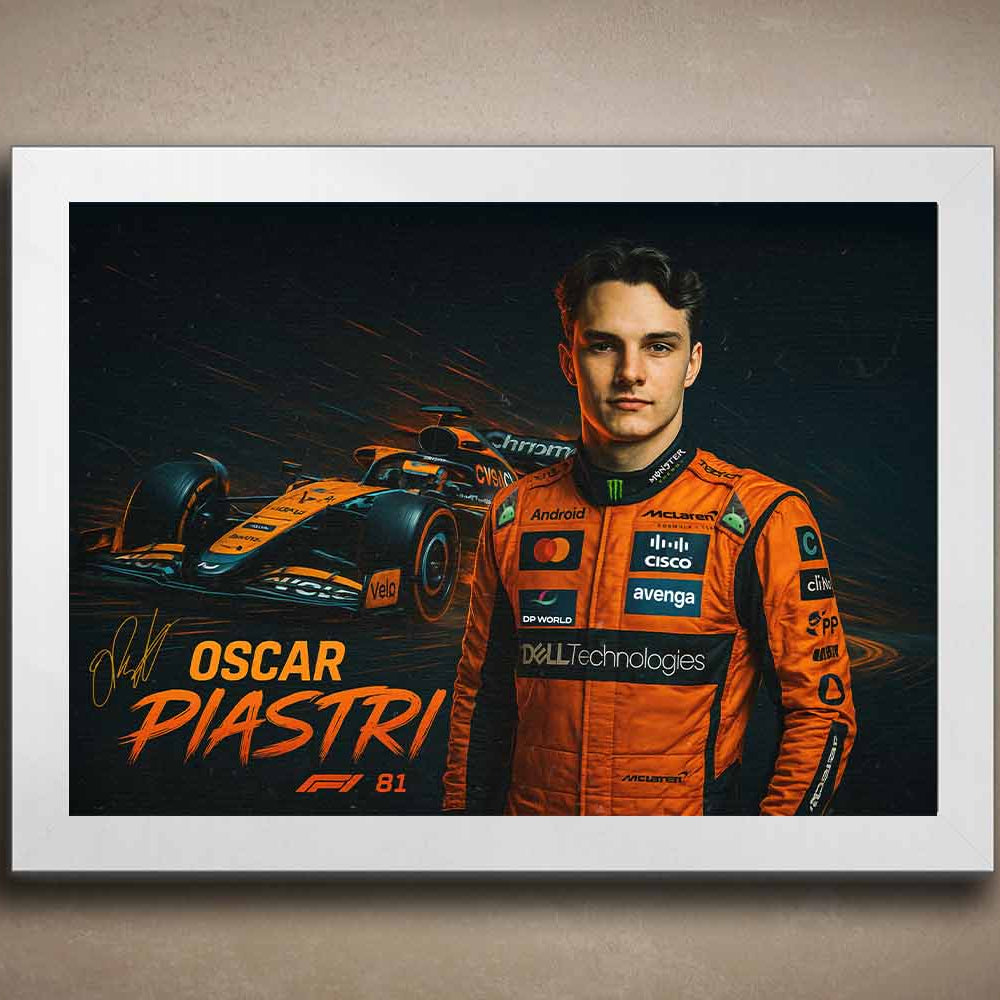 Oscar Piastri white-framed sports wall art featuring McLaren F1 car and signature — a bold tribute for any premium man cave wall décor setup.