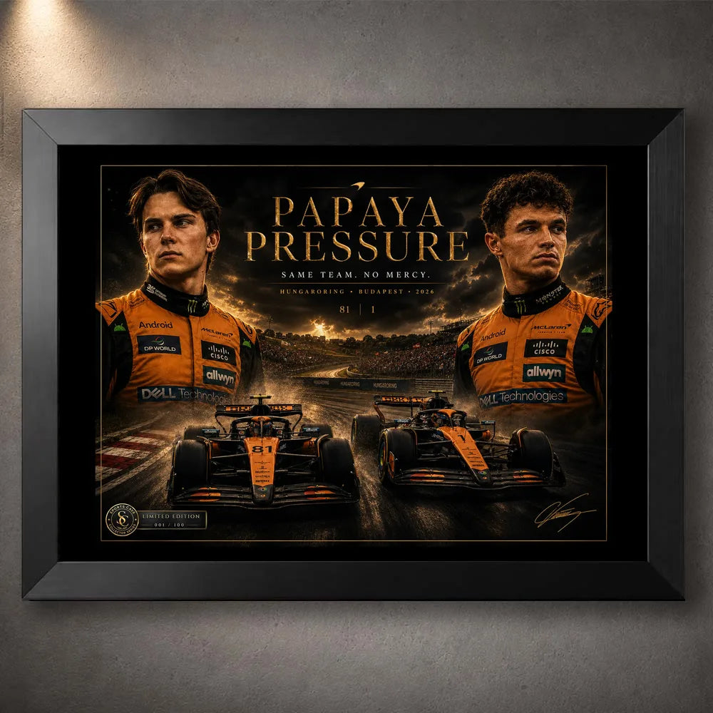 Black framed Papaya Pressure Piastri vs Norris motorsport wall art featuring two McLaren drivers and race cars.