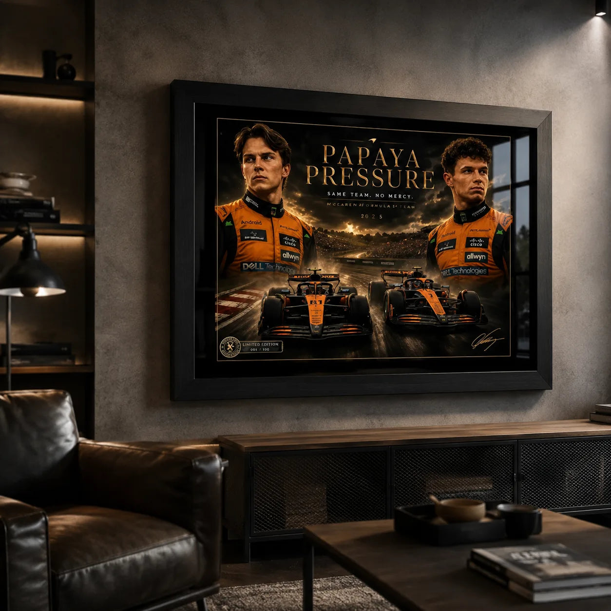 Black framed Piastri vs Norris motorsport wall art displayed in a dark man cave with leather seating.