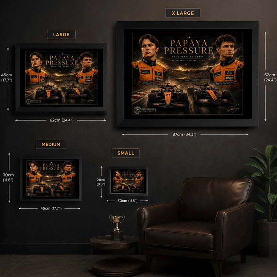 Papaya Pressure wall art size guide showing small, medium, large and extra-large framed dimensions.