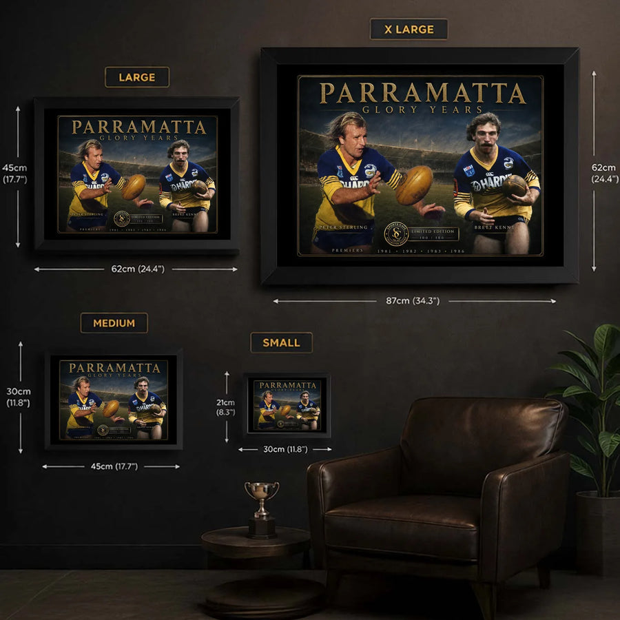 Parramatta Glory Years wall art size guide showing framed Small, Medium, Large and X Large dimensions.
