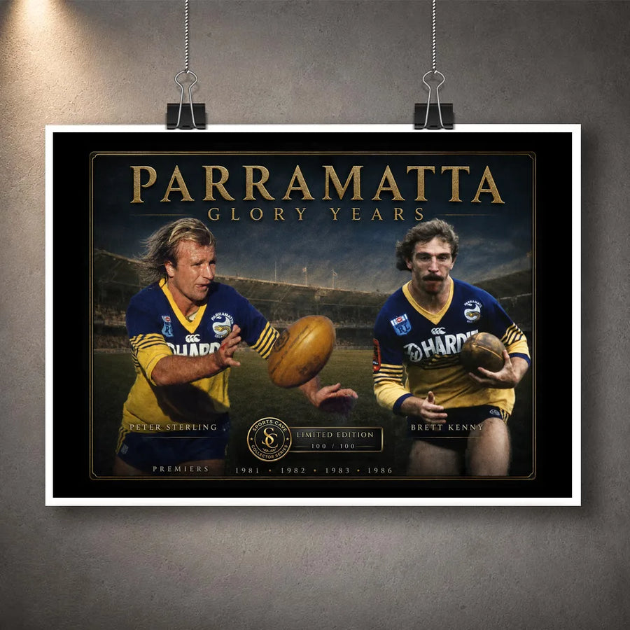Unframed Parramatta Glory Years wall art featuring Peter Sterling and Brett Kenny against a stadium backdrop.