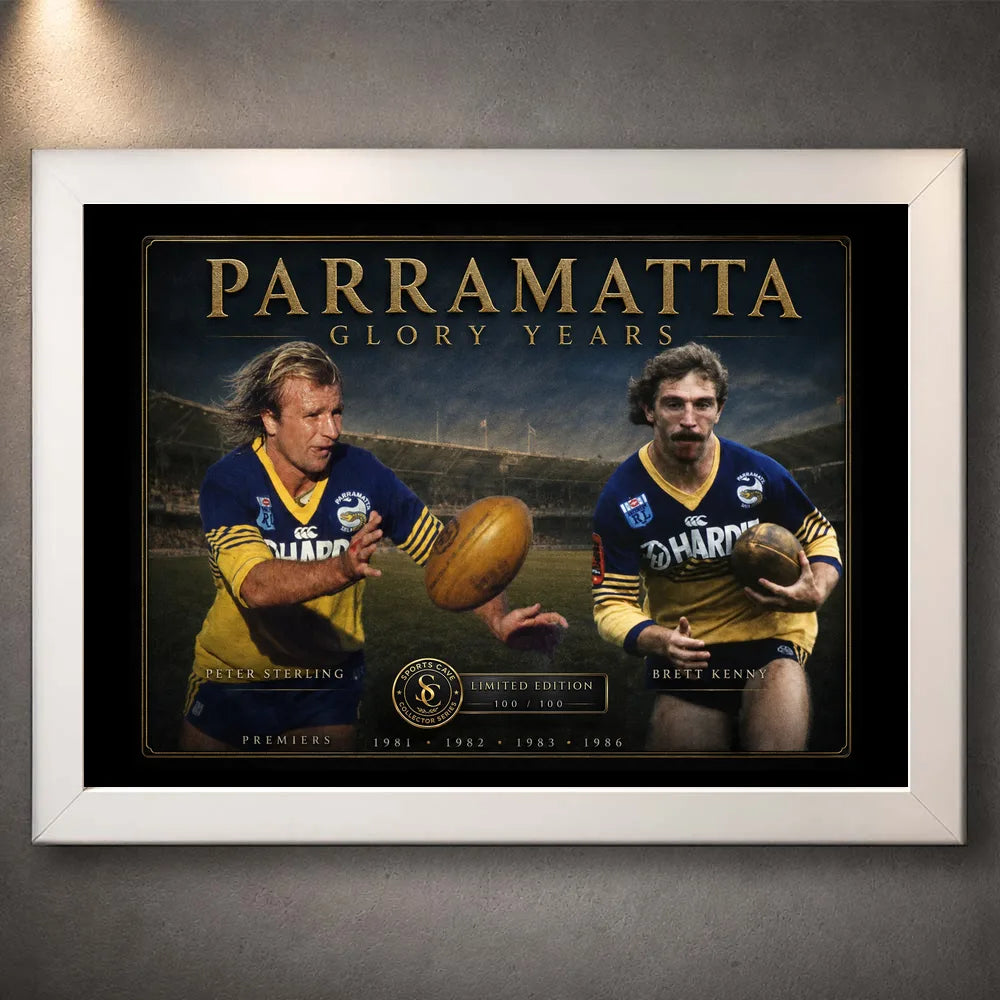 White framed Peter Sterling and Brett Kenny Parramatta wall art with the Glory Years stadium artwork.