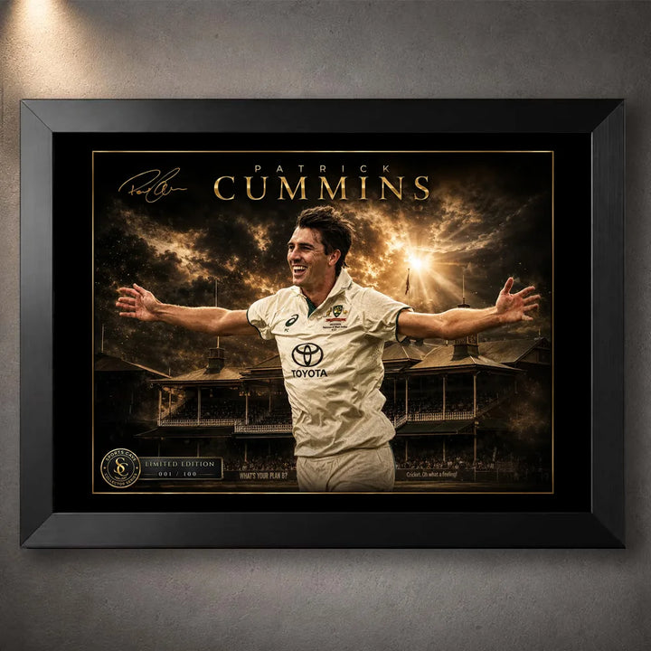 Pat Cummins The Captain’s Roar cricket wall art in a premium black frame, featuring his SCG celebration.