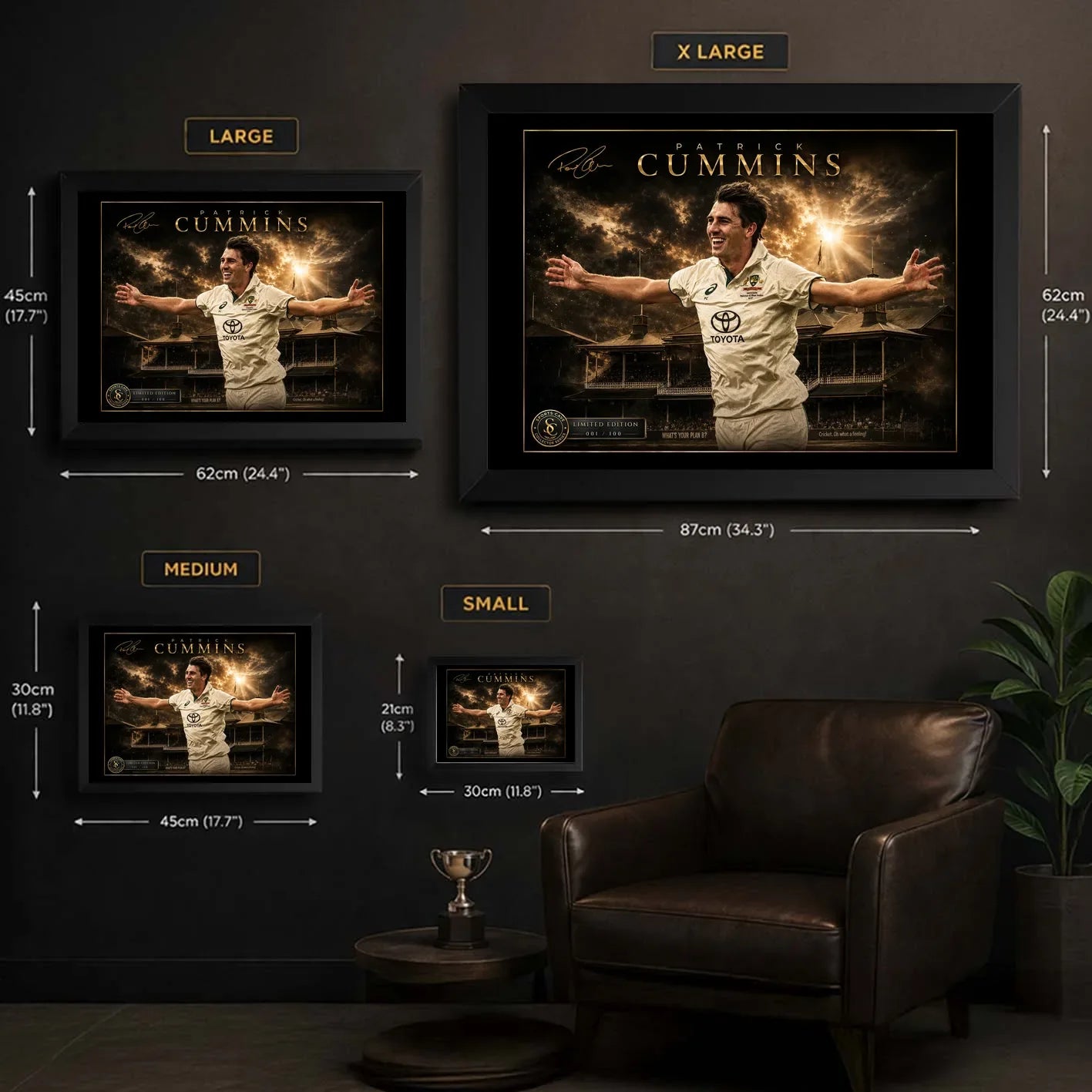 Pat Cummins framed cricket wall art size guide showing Small, Medium, Large and XL dimensions in centimetres and inches.