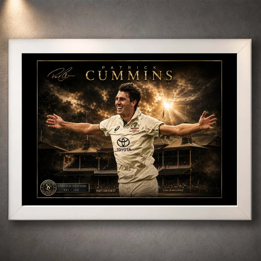 Pat Cummins The Captain’s Roar cricket wall art shown in a clean white frame against a textured grey wall.