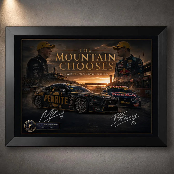 Black framed Payne vs Feeney Bathurst wall art featuring both Supercars at Mount Panorama.