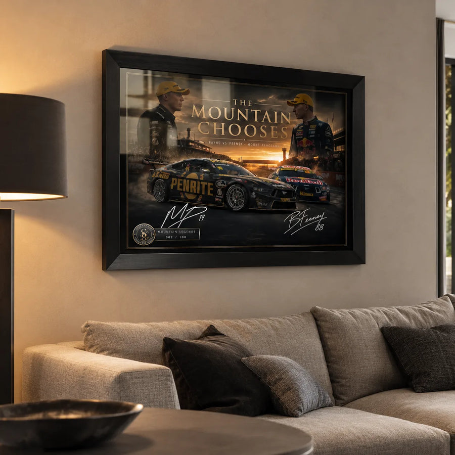 Payne vs Feeney Bathurst wall art displayed above a lounge in a warm modern living room.